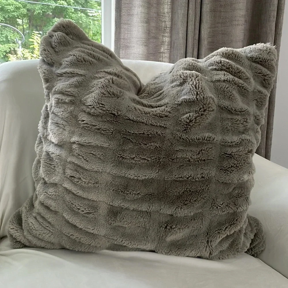 Pottery Barn Faux Fur Ruched Down Filled Pillow & Cover Gray 26x26